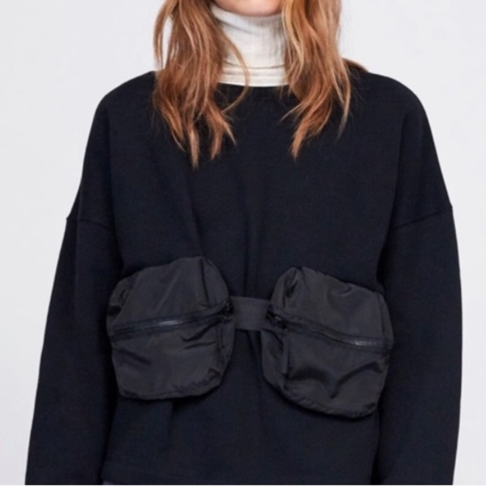 Zara Basic Black Sweatshirt Pullover with Zip Fanny Pack – NWT Size M